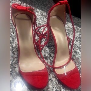 Red/sparkling silver lace up Block Hell with Clear toes strap
